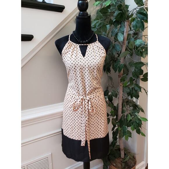 Bar III Knee Length Dress Women Large Beige Black Polka Dot Sleeveless Tie Waist - Picture 1 of 12